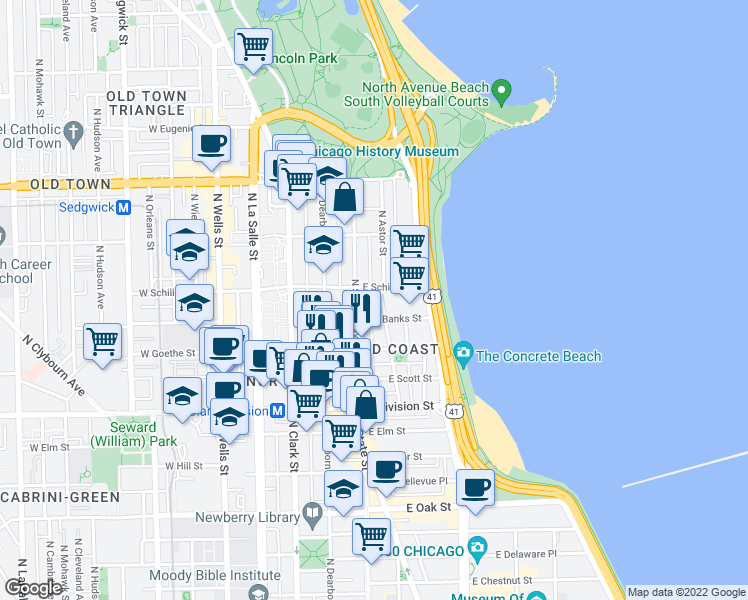 map of restaurants, bars, coffee shops, grocery stores, and more near in Chicago