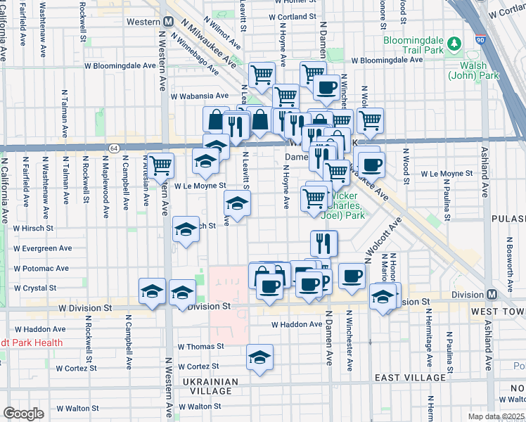 map of restaurants, bars, coffee shops, grocery stores, and more near 2129 West Schiller Street in Chicago