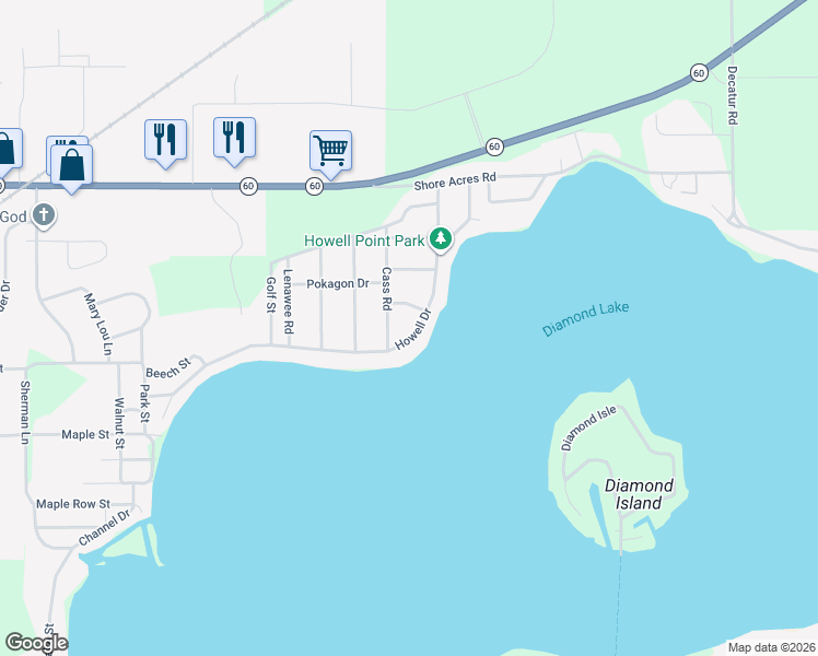 map of restaurants, bars, coffee shops, grocery stores, and more near 21645 Howell Drive in Cassopolis