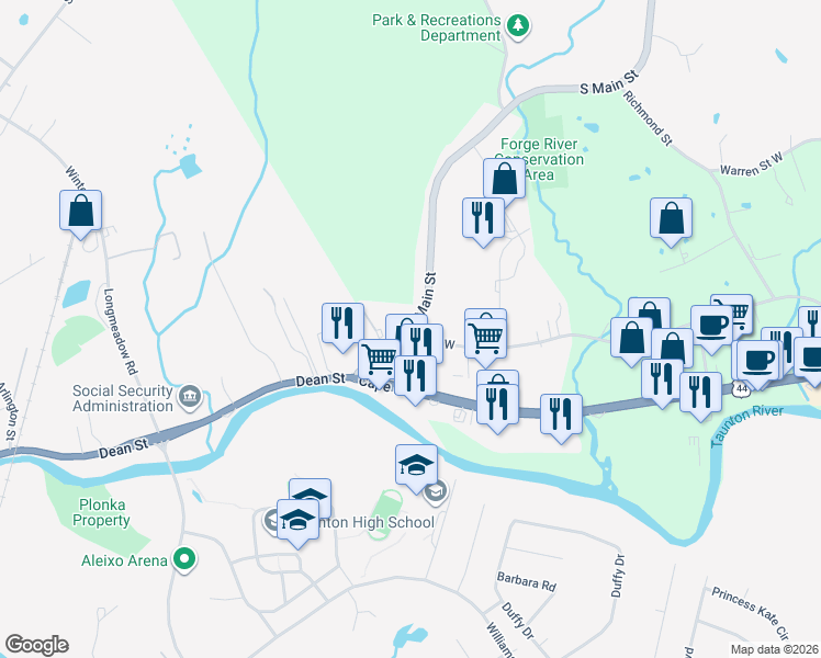map of restaurants, bars, coffee shops, grocery stores, and more near 174 Dean Street in Taunton