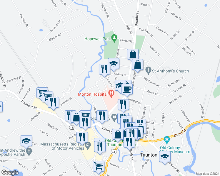 map of restaurants, bars, coffee shops, grocery stores, and more near 72 Washington Street in Taunton
