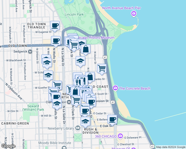 map of restaurants, bars, coffee shops, grocery stores, and more near in Chicago