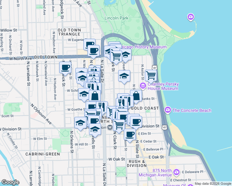 map of restaurants, bars, coffee shops, grocery stores, and more near 1336 North Clark Street in Chicago
