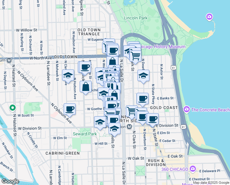 map of restaurants, bars, coffee shops, grocery stores, and more near 1343 North Wells Street in Chicago