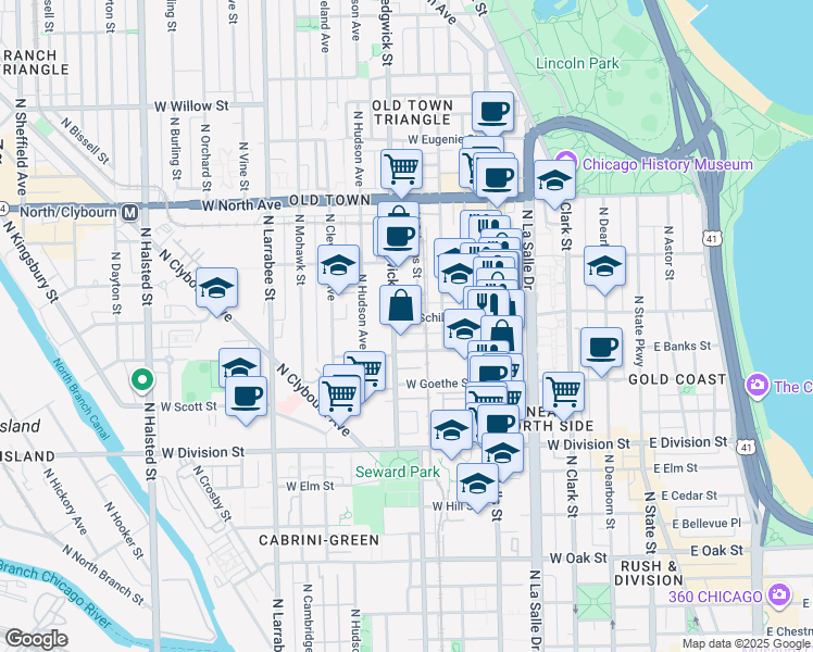 map of restaurants, bars, coffee shops, grocery stores, and more near 324 West Evergreen Avenue in Chicago