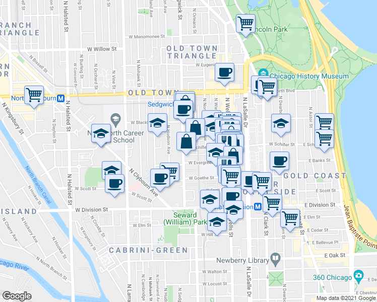 map of restaurants, bars, coffee shops, grocery stores, and more near 324 West Evergreen Avenue in Chicago