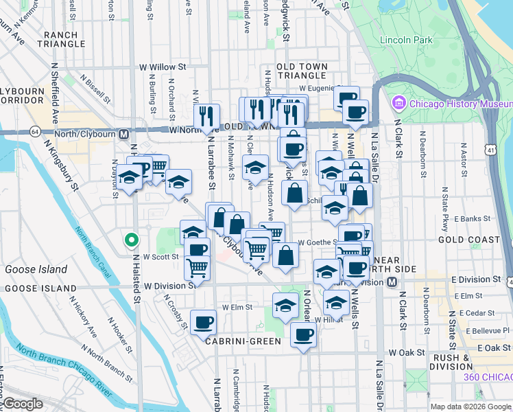 map of restaurants, bars, coffee shops, grocery stores, and more near 1349 North Cleveland Avenue in Chicago