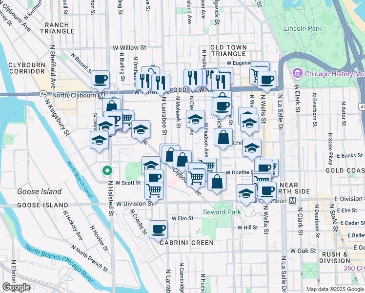 map of restaurants, bars, coffee shops, grocery stores, and more near 1347 North Mohawk Street in Chicago