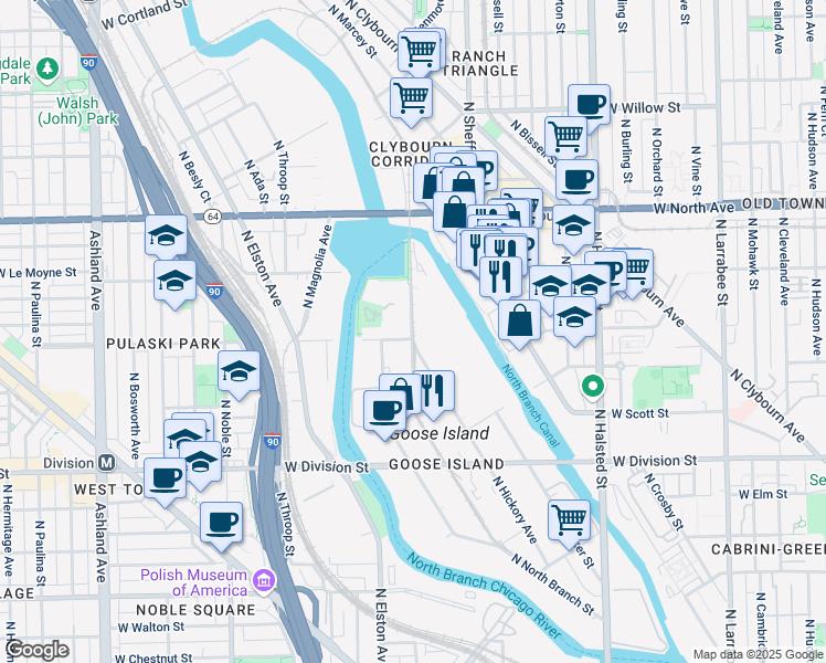 map of restaurants, bars, coffee shops, grocery stores, and more near in Chicago