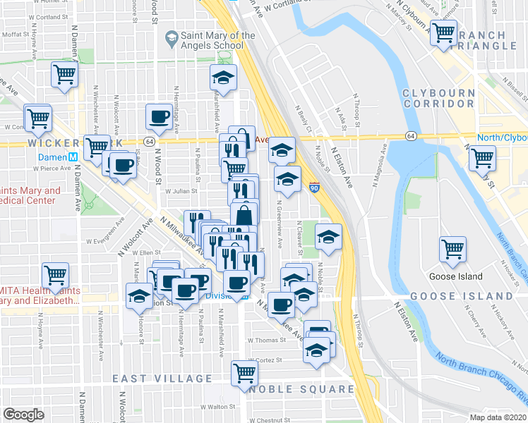 map of restaurants, bars, coffee shops, grocery stores, and more near 1363 North Bosworth Avenue in Chicago