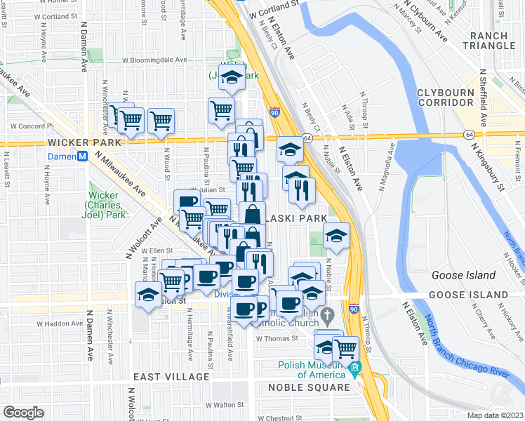 map of restaurants, bars, coffee shops, grocery stores, and more near 1363 North Bosworth Avenue in Chicago