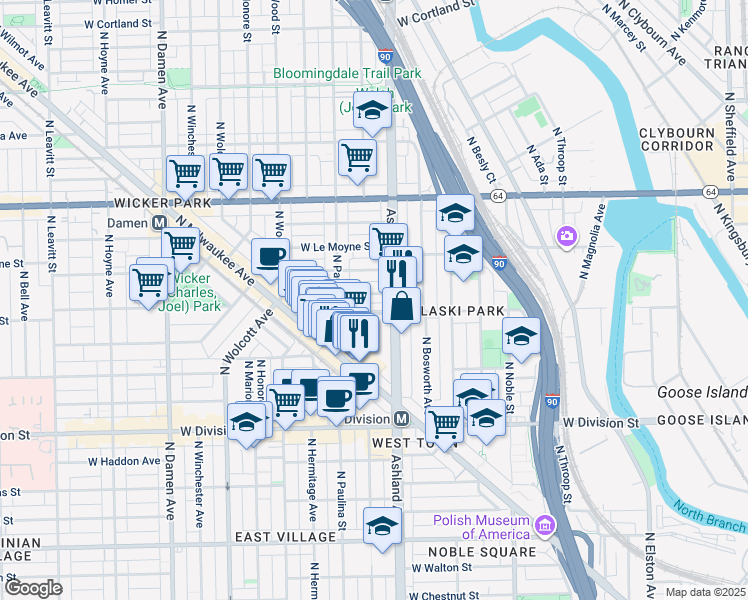 map of restaurants, bars, coffee shops, grocery stores, and more near 1634 West Blackhawk Street in Chicago