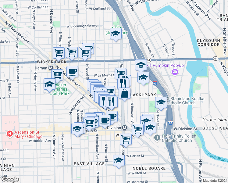 map of restaurants, bars, coffee shops, grocery stores, and more near 1634 West Blackhawk Street in Chicago