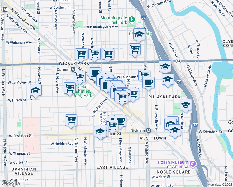 map of restaurants, bars, coffee shops, grocery stores, and more near 1383 North Milwaukee Avenue in Chicago