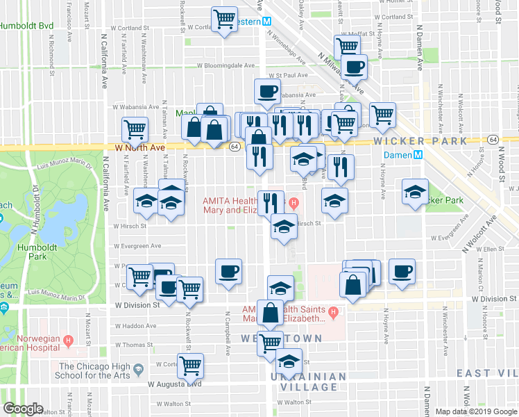map of restaurants, bars, coffee shops, grocery stores, and more near 1356 North Western Avenue in Chicago