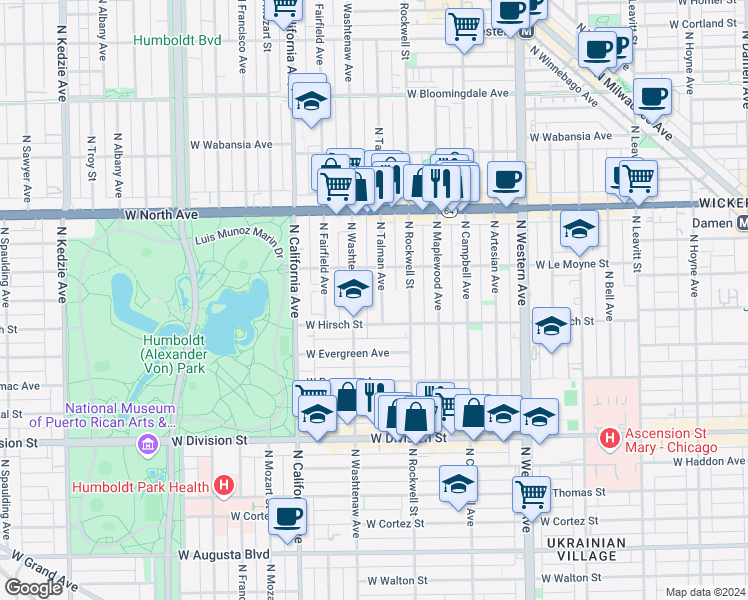 map of restaurants, bars, coffee shops, grocery stores, and more near 2620 West Hirsch Street in Chicago