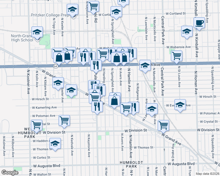 map of restaurants, bars, coffee shops, grocery stores, and more near 1420 North Springfield Avenue in Chicago