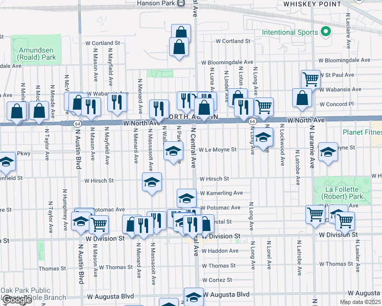 map of restaurants, bars, coffee shops, grocery stores, and more near 1441 North Parkside Avenue in Chicago