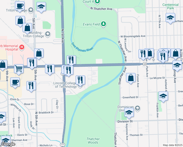 map of restaurants, bars, coffee shops, grocery stores, and more near 8307 West North Avenue in Melrose Park