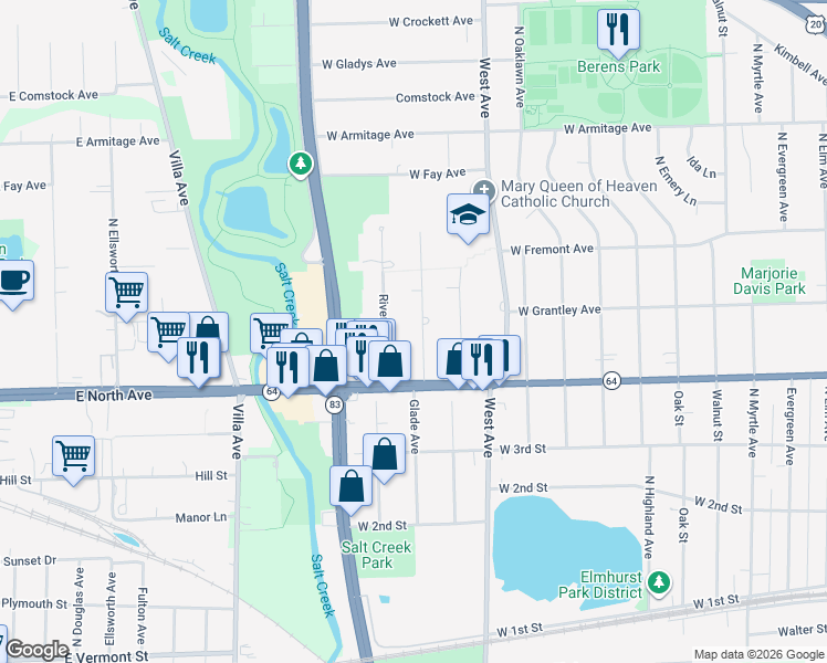 map of restaurants, bars, coffee shops, grocery stores, and more near 319 Shady Lane in Elmhurst