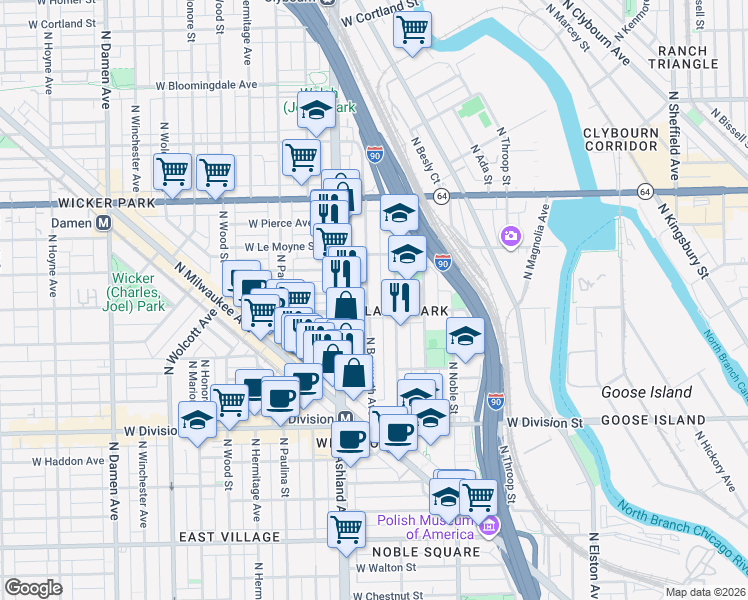 map of restaurants, bars, coffee shops, grocery stores, and more near 1363 North Bosworth Avenue in Chicago