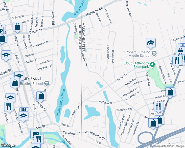 map of restaurants, bars, coffee shops, grocery stores, and more near 507 Mendon Road in Attleboro
