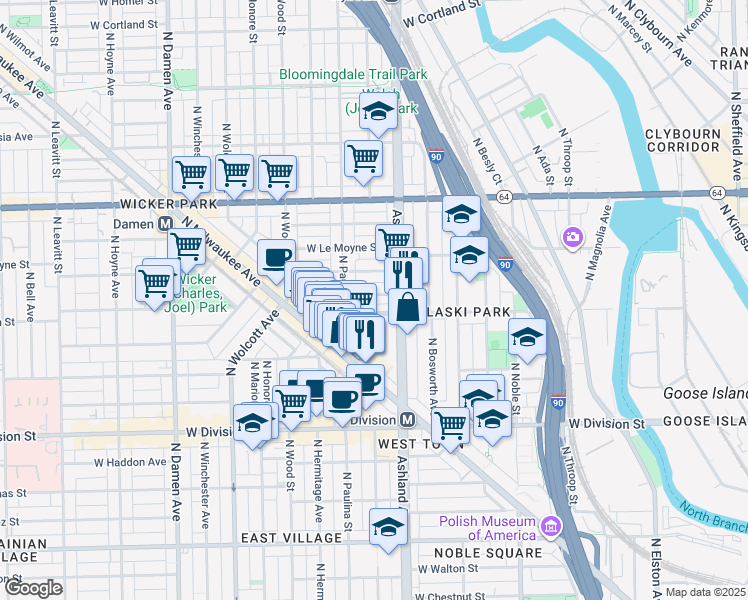 map of restaurants, bars, coffee shops, grocery stores, and more near 1634 West Blackhawk Street in Chicago