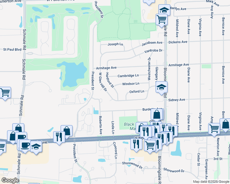 map of restaurants, bars, coffee shops, grocery stores, and more near 1317 West Glen Hill Drive in Glendale Heights
