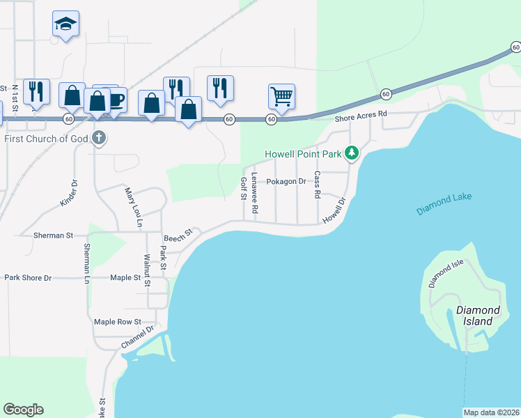 map of restaurants, bars, coffee shops, grocery stores, and more near 21895 Howell Drive in Cassopolis