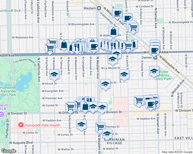 map of restaurants, bars, coffee shops, grocery stores, and more near 1422 North Western Avenue in Chicago