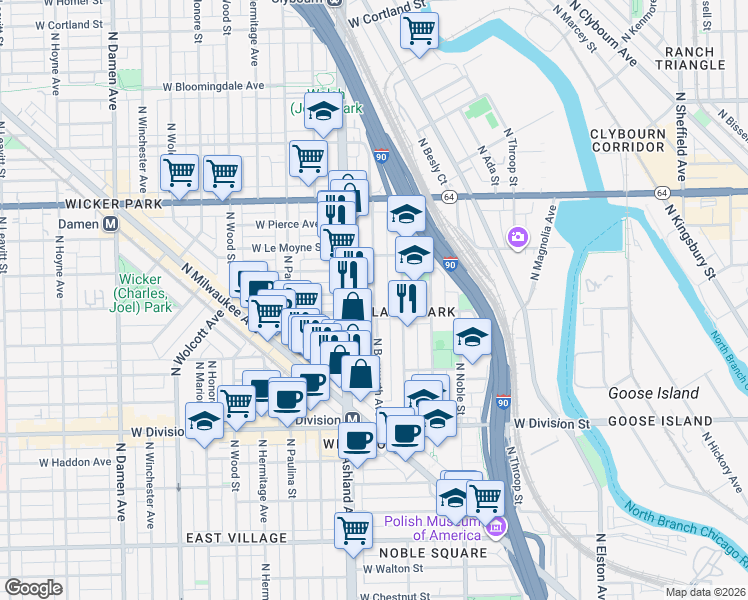 map of restaurants, bars, coffee shops, grocery stores, and more near 1413 North Bosworth Avenue in Chicago