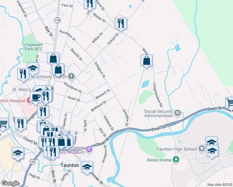 map of restaurants, bars, coffee shops, grocery stores, and more near 82 Arlington Street in Taunton