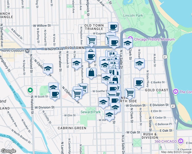 map of restaurants, bars, coffee shops, grocery stores, and more near 321 West Schiller Street in Chicago