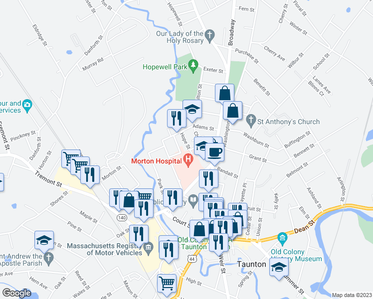 map of restaurants, bars, coffee shops, grocery stores, and more near 21 Hope Street in Taunton