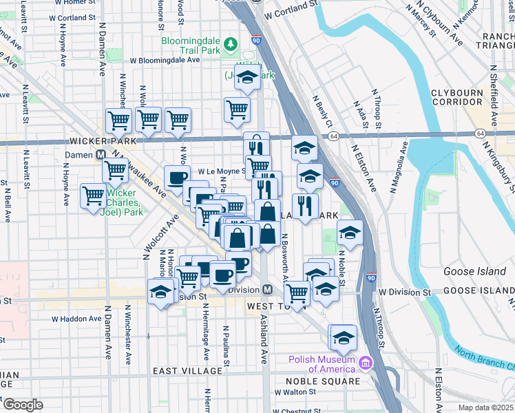 map of restaurants, bars, coffee shops, grocery stores, and more near in Chicago