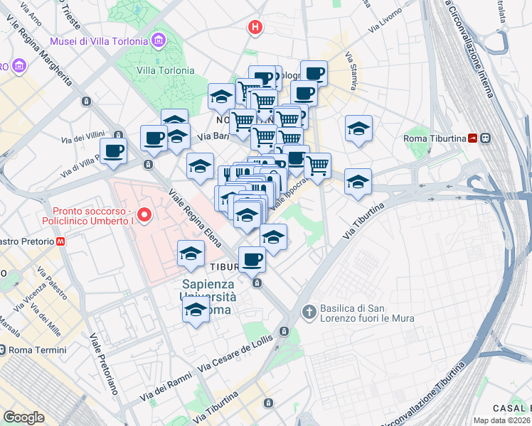 map of restaurants, bars, coffee shops, grocery stores, and more near 130 Viale Ippocrate in Rome