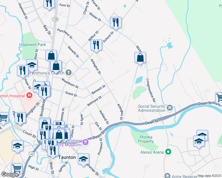 map of restaurants, bars, coffee shops, grocery stores, and more near 80 Arlington Street in Taunton