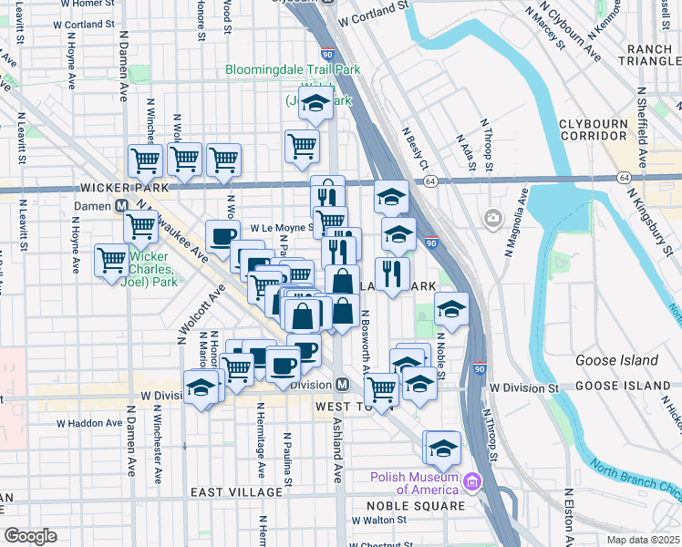 map of restaurants, bars, coffee shops, grocery stores, and more near None in Chicago