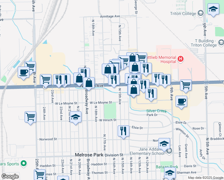 map of restaurants, bars, coffee shops, grocery stores, and more near 1548 West North Avenue in Melrose Park