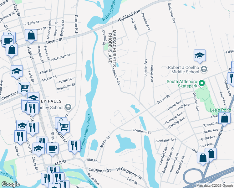 map of restaurants, bars, coffee shops, grocery stores, and more near 507 Mendon Road in Attleboro