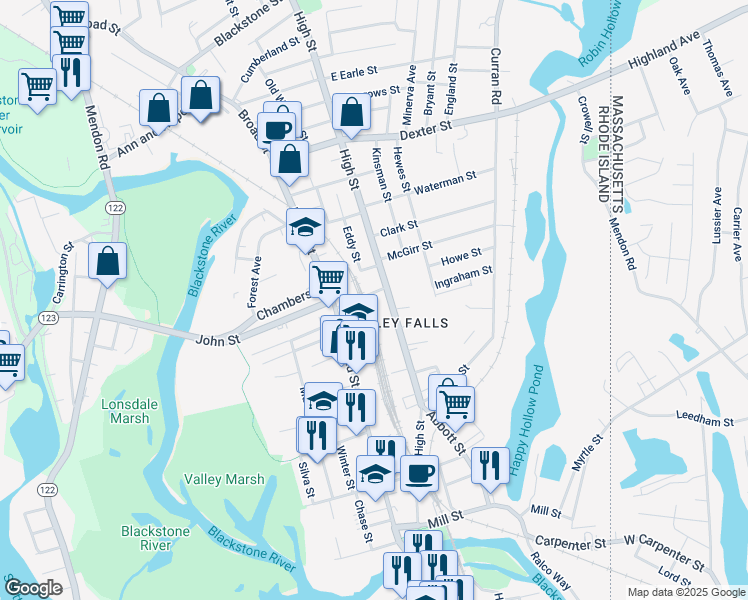map of restaurants, bars, coffee shops, grocery stores, and more near in Cumberland