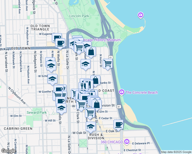 map of restaurants, bars, coffee shops, grocery stores, and more near in Chicago