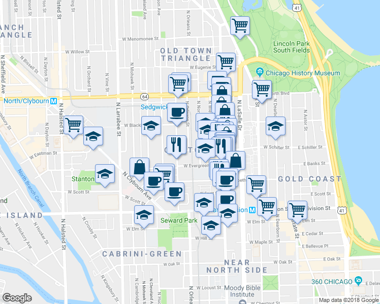 map of restaurants, bars, coffee shops, grocery stores, and more near 322 West Evergreen Avenue in Chicago