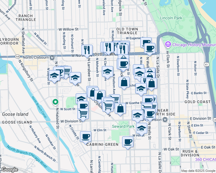 map of restaurants, bars, coffee shops, grocery stores, and more near 1349 North Cleveland Avenue in Chicago