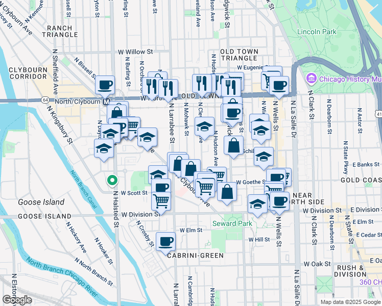 map of restaurants, bars, coffee shops, grocery stores, and more near 1347 North Mohawk Street in Chicago