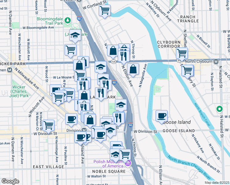 map of restaurants, bars, coffee shops, grocery stores, and more near 1406 West Blackhawk Street in Chicago