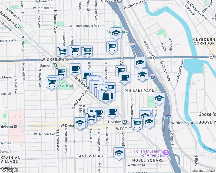 map of restaurants, bars, coffee shops, grocery stores, and more near 1353 North Dean Street in Chicago