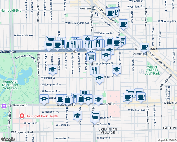 map of restaurants, bars, coffee shops, grocery stores, and more near 1408 North Artesian Avenue in Chicago