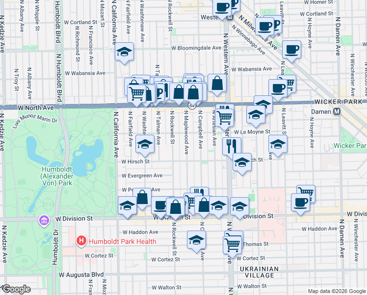 map of restaurants, bars, coffee shops, grocery stores, and more near in Chicago