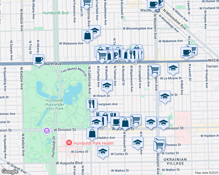 map of restaurants, bars, coffee shops, grocery stores, and more near 1410 North Washtenaw Avenue in Chicago